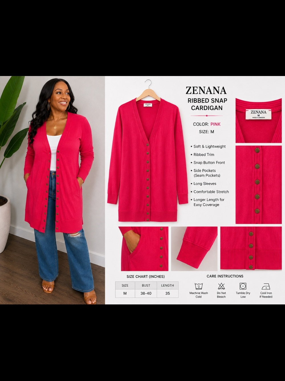Zenana Outfitters Bright Pink Ribbed Snap-Front Long Cardigan